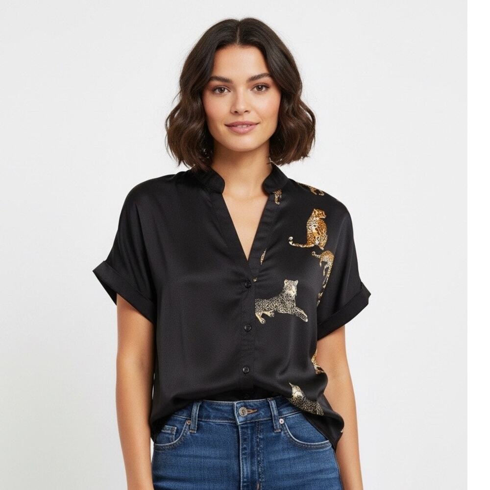 Mixed-Print Cheetah Button-Down Blouse
